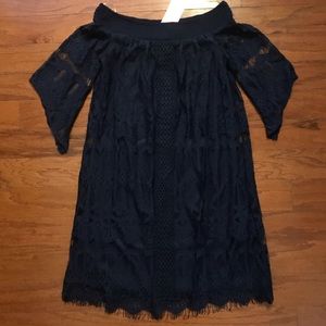 Navy lace off the shoulder midi dress